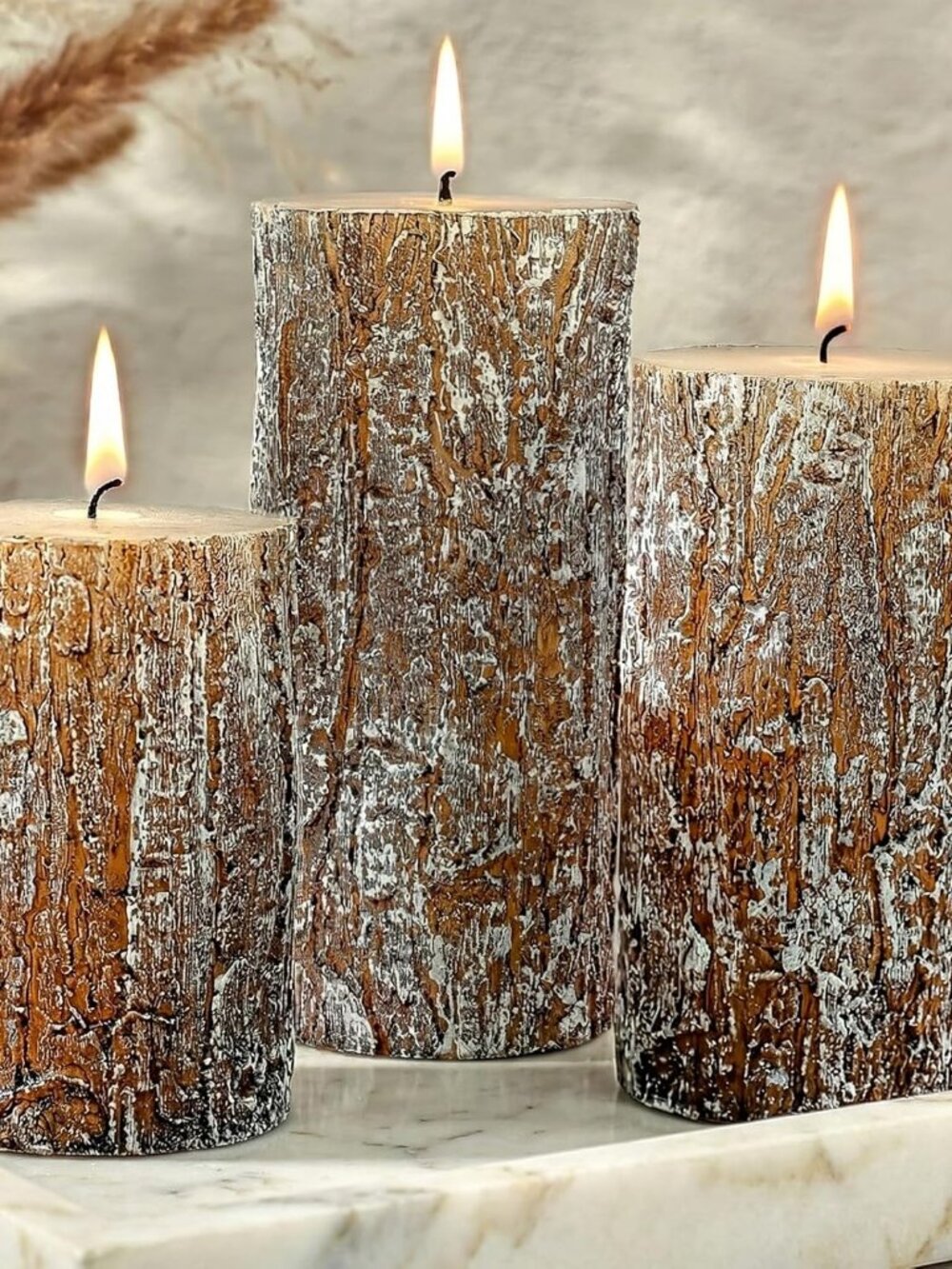 Classic Pine Tree Bark Texture Pillar Candles Set - Real Wax 3 Sizes 4", 5", 6"
